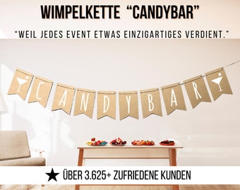 May include: A brown paper banner with the words "CANDYBAR" in white letters. The banner is strung up with string and has a small martini glass icon on each end. The text "WEIL JEDES EVENT ETWAS EINZIGARTIGES VERDIENT." is also visible in the image.
