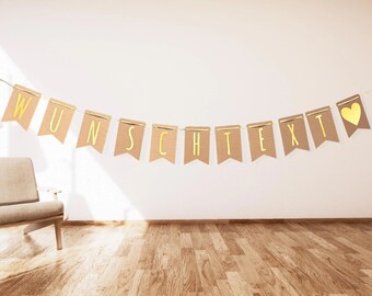 Cadena de banderines de oro personalizada, guirnalda personalizada con el texto deseado - guirnalda decorativa de fiesta hecha de papel kraft marrón, decoración de confirmación