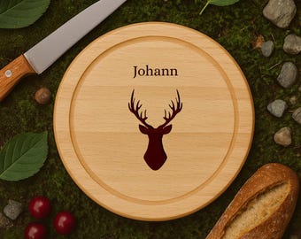 Personalized deer motif snack board – wooden board with engraving – gift for hunters and nature lovers – breakfast board for men hunting