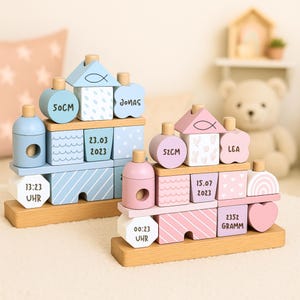 Presentes para bebês, presente de nascimento, torre empilhável personalizada, presentes personalizados para bebês, presente de batizado, nascimento, bebê, brinquedos para bebês