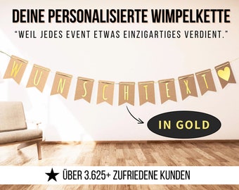 Wimpelkette personalisiert in Gold, Girlande personalisiert mit Wunschtext - Deko Party Girlande aus braunem Kraftpapier, Konfirmation Deko