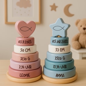 Torre de empilhamento personalizada, presente de nascimento para bebê, torre de empilhamento, presente para nascimento, presentes personalizados para bebê, brinquedos para bebê