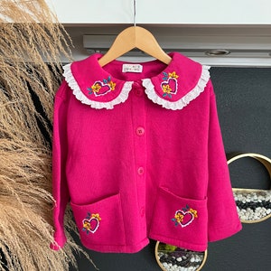 Vintage Pink Cardigan for Toddler Girls, Hearts, Valentines Day Shirt size 4T Just Friends Brand 90s Sweater for Girls
