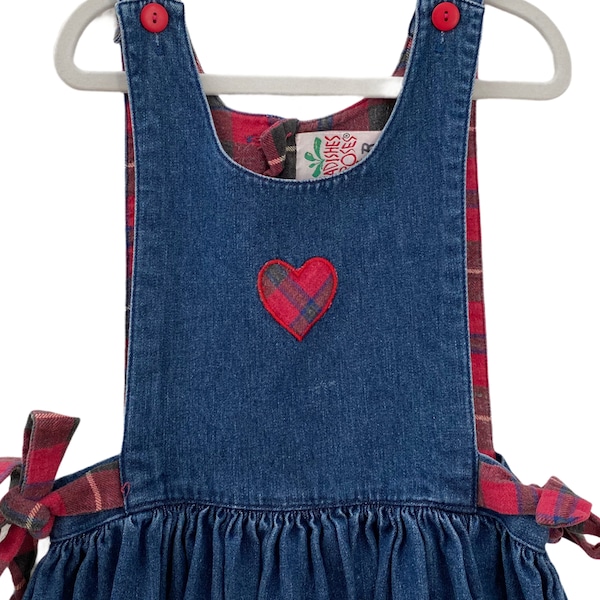 Vintage 90s Girls Denim Jumper / Dress with Tartan Plaid Heart size 5, Radishes and Roses Brand