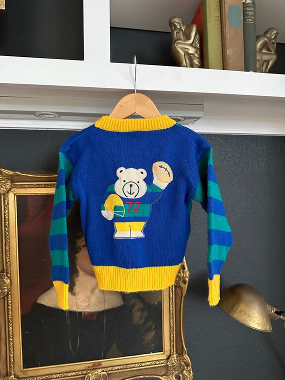 90s Toddler Football Cardigan with Bear Playing Fo