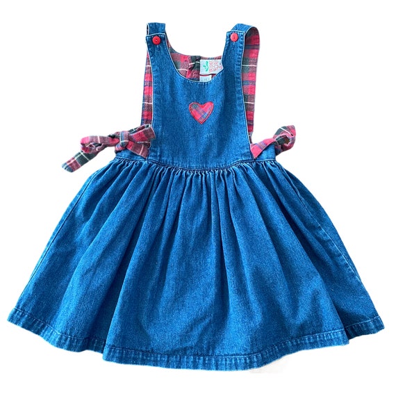 Vintage 90s Girls Denim Jumper Dress with Tartan Plaid Heart size 5 Radishes and Roses Brand