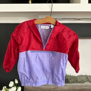 90s Windbreaker Nylon Jacket Christie Brooks size 5-6 Toddler Kids, Red and Purple, Self Storing