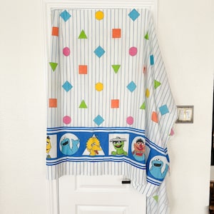 Vintage 80s 90s Sesame Street Twin Sheet / Flat Sheet with Big Bird, Cookie Monster, Bernt, Ernie, Oscar the Grouch; Stripes & Shapes