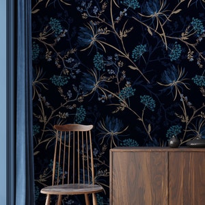 Navy Blue Floral Wallpaper: Botanic Peel and Stick Removable Wallpaper