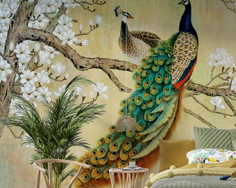 Vintage Chinoiserie Wallpaper, Large Peacock Wall Mural, Chinoiserie Blossom Wallpaper, Asian Floral Wallpaper, Peel and Stick