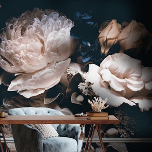 Carta da parati floreale scura staccabile e attaccabile, carta da parati con grandi fiori di peonia, carta da parati floreale spettacolare, carta da parati rimovibile