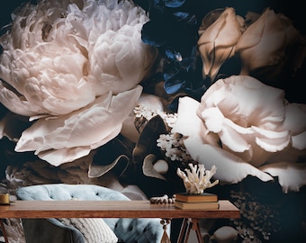 Dark Floral Wallpaper Peel and Stick, Large Peony Flowers Wallpaper, Dramatic Floral Wallpaper, Removable Wallpaper