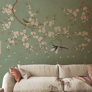 Chinoiserie Floral Wallpaper Peel and Stick, Blossom and Branch Wallpaper, Asian Wallpaper, Elegant Peonies Wallpaper
