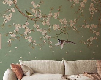 Chinoiserie Floral Wallpaper Peel and Stick, Blossom and Branch Wallpaper, Asian Wallpaper, Elegant Peonies Wallpaper