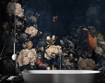 Dark Floral Wallpaper | Peony Flowers Wall Mural | Peel and Stick
