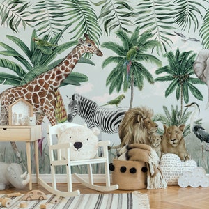 Papel pintado autoadhesivo con animales de safari: Mural de pared para guardería en la jungla