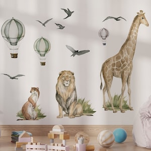 Whimsical Safari Animals with Hot Air Balloons Wall Decal for Kids Nursery, Peel and Stick Jungle Friends Wall Stickers