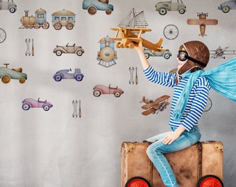 Vintage Vehicle Wall Decals for Kids Room, Peel and Stick Transportation Stickers