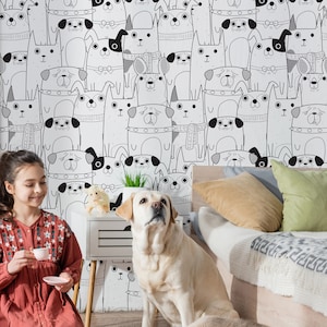 Kids Wallpaper Peel and Stick, Hand Drawing Cute Dogs Wallpaper, Removable Wallpaper