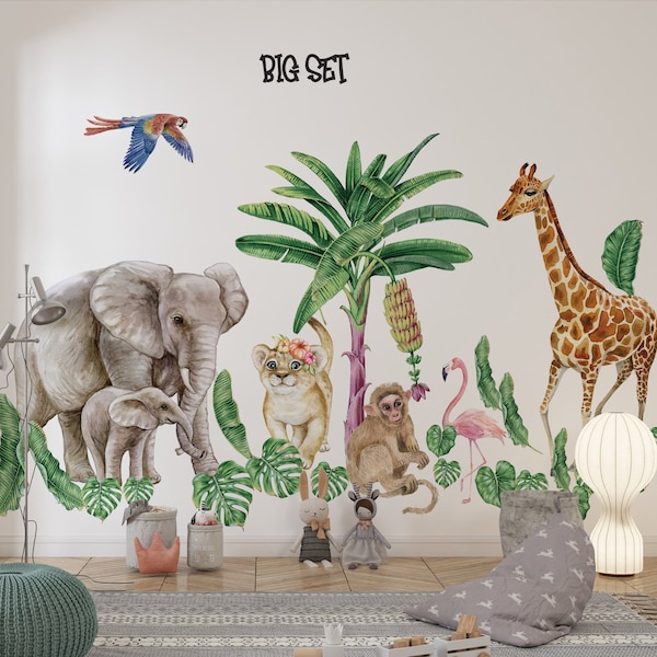 XXL Safari Animals Wall Decal for Kids, African Animals Wall Sticker, Safari Jungle Wall Decal