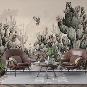 Carta da parati adesiva con cactus, murale con gufo, carta da parati con paesaggio, carta da parati autoadesiva rimovibile