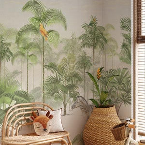 Vintage Tropical Palm Trees Wallpaper, Jungle Wallpaper Peel and Stick, Tropical Forest Wallpaper Mural, Removable Wallpaper