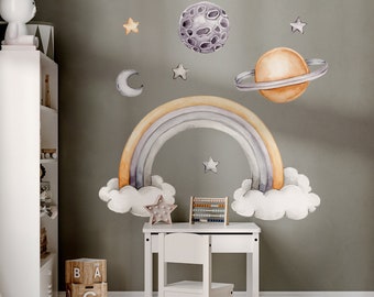 Rainbow Space Wall Decals for Nursery, Peel and Stick Baby Room Stickers