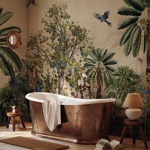 Watercolor Tropical Forest Wallpaper, Banana Tree Wallpaper, Jungle Wallpaper Peel and Stick, Removable Exotic Wallpaper, Peacock Wallpaper