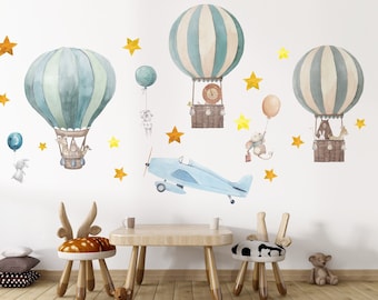 Sticker mural pour enfants | Ballon à air chaud avec autocollant mural étoiles | Décoller et coller | Décalque de mur de pépinière