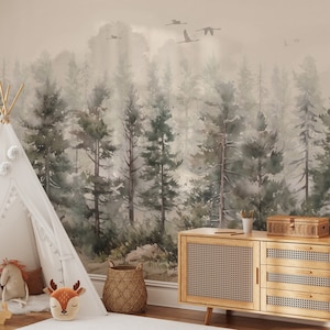Kids Pine Tree Wallpaper Peel and Stick | Watercolor Forest Wall Mural | Kids Room Wallpaper