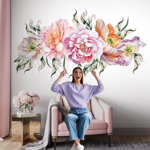 Peony Floral Wall Decal, Soft Flowers Wall Sticker, Floral Wall Decal