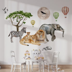 Kids Safari Animals Wall Decal, Hot Air Balloon Wall Stickers, African Animals Wall Decal Peel and Stick, Safari Wall Decal