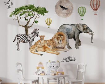 Safari Animal Wall Decals with Moon and Balloons, Peel and Stick Nursery Decor