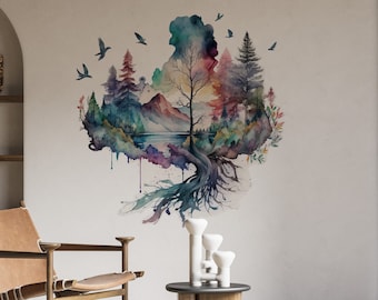 Sticker mural cercle, Sticker mural paysage, Sticker mural montagne, Sticker mural amovible, à coller