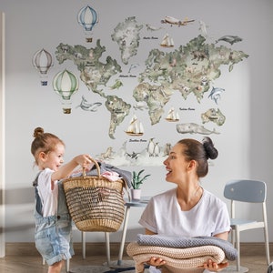 Naklejka ścienna z mapą świata zwierząt, dekoracja do pokoju dziecięcego, odklejana i przyklejana