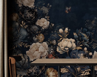 Dark Floral Wallpaper, Peony Flowers Wallpaper, Navy Blue Floral Wallpaper Peel and Stick, Removable Wallpaper, Dark Wallpaper