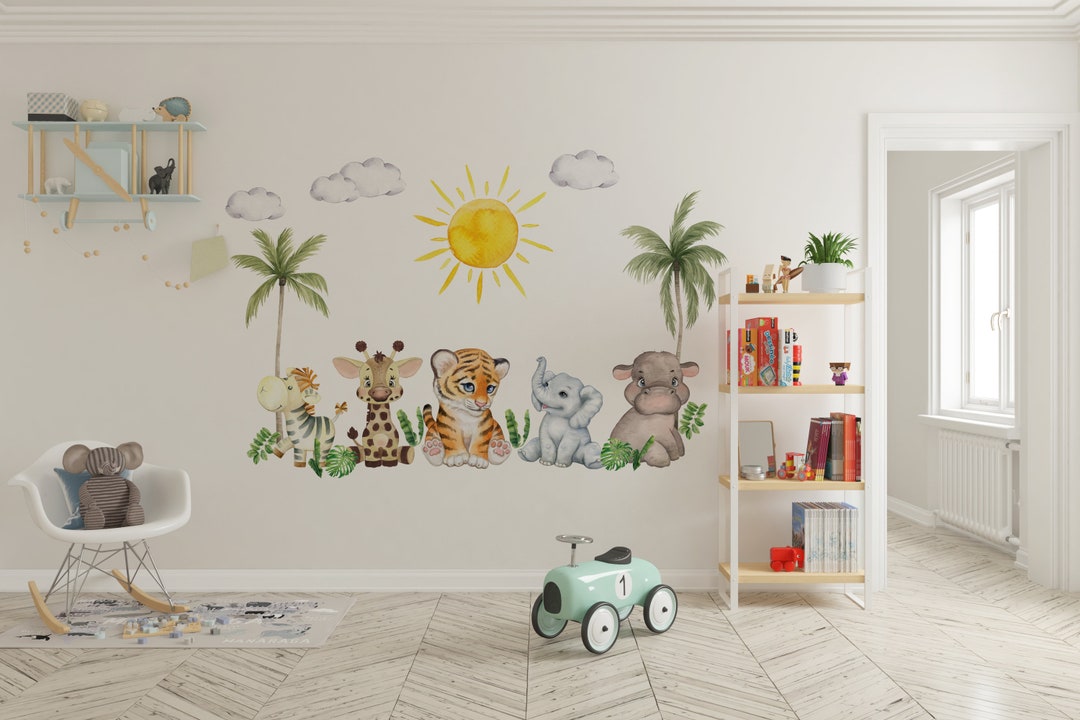 Kids Jungle Wall Decal | Safari Animals Wall Sticker | Nursery Tropical ...