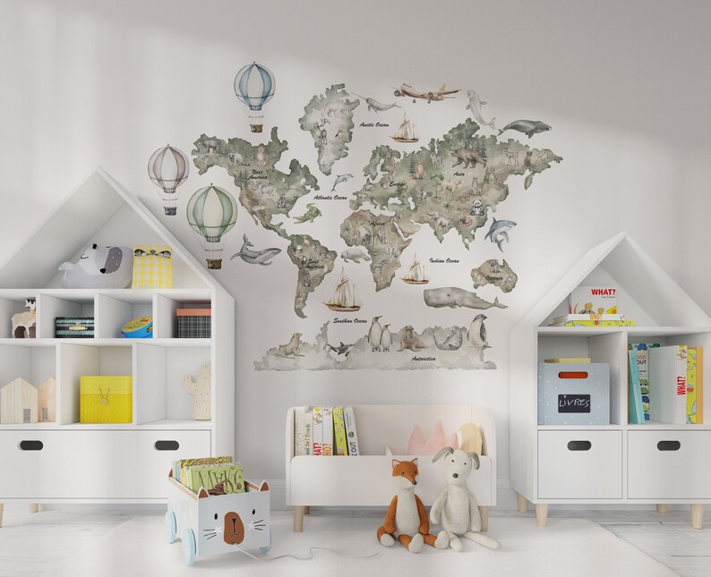 Kids Map Wall Decal Kids World Map Wall Sticker Nursery Map Etsy