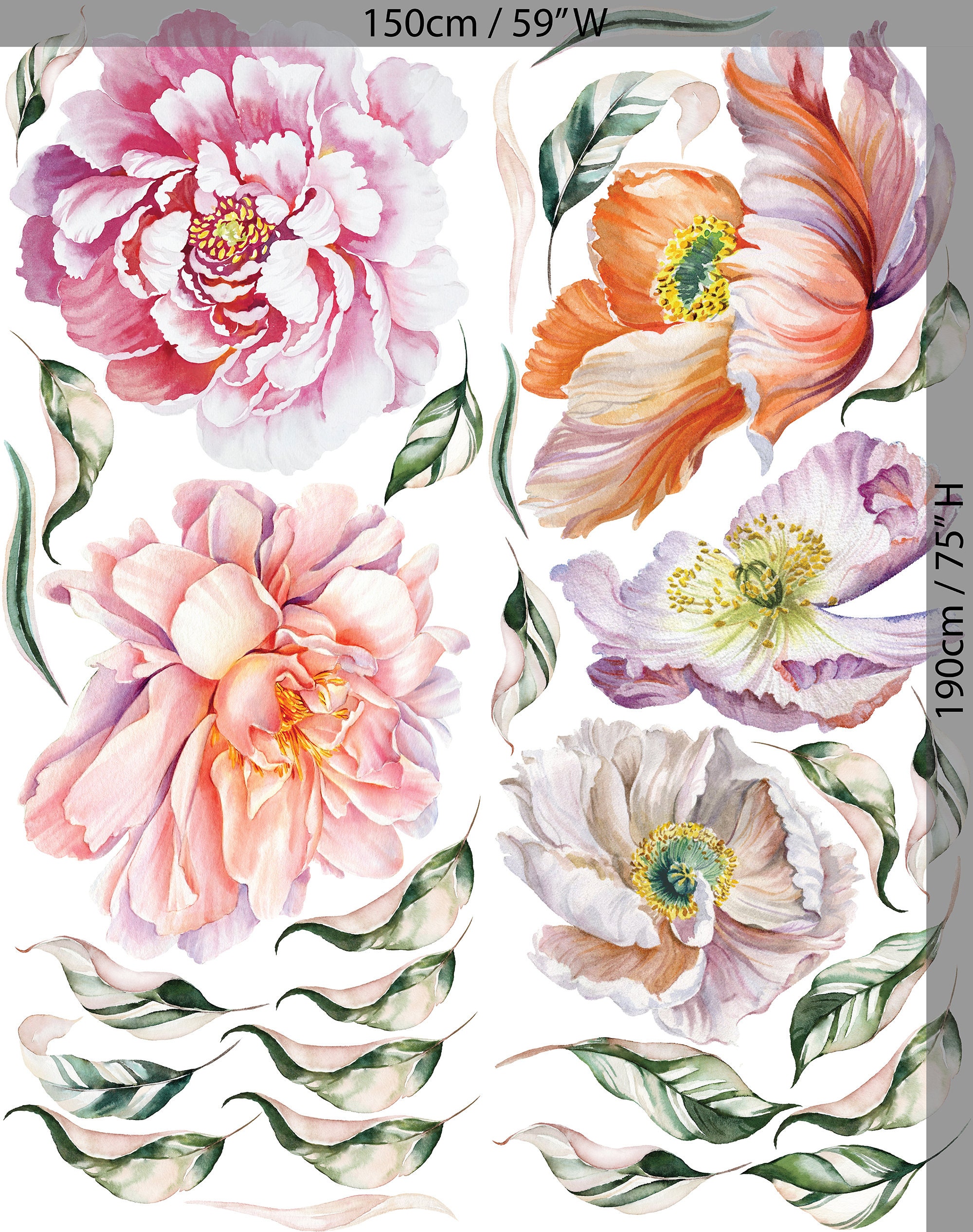 Large Floral Wall Decals, Peel and Stick Flower Wall Decor for Living ...