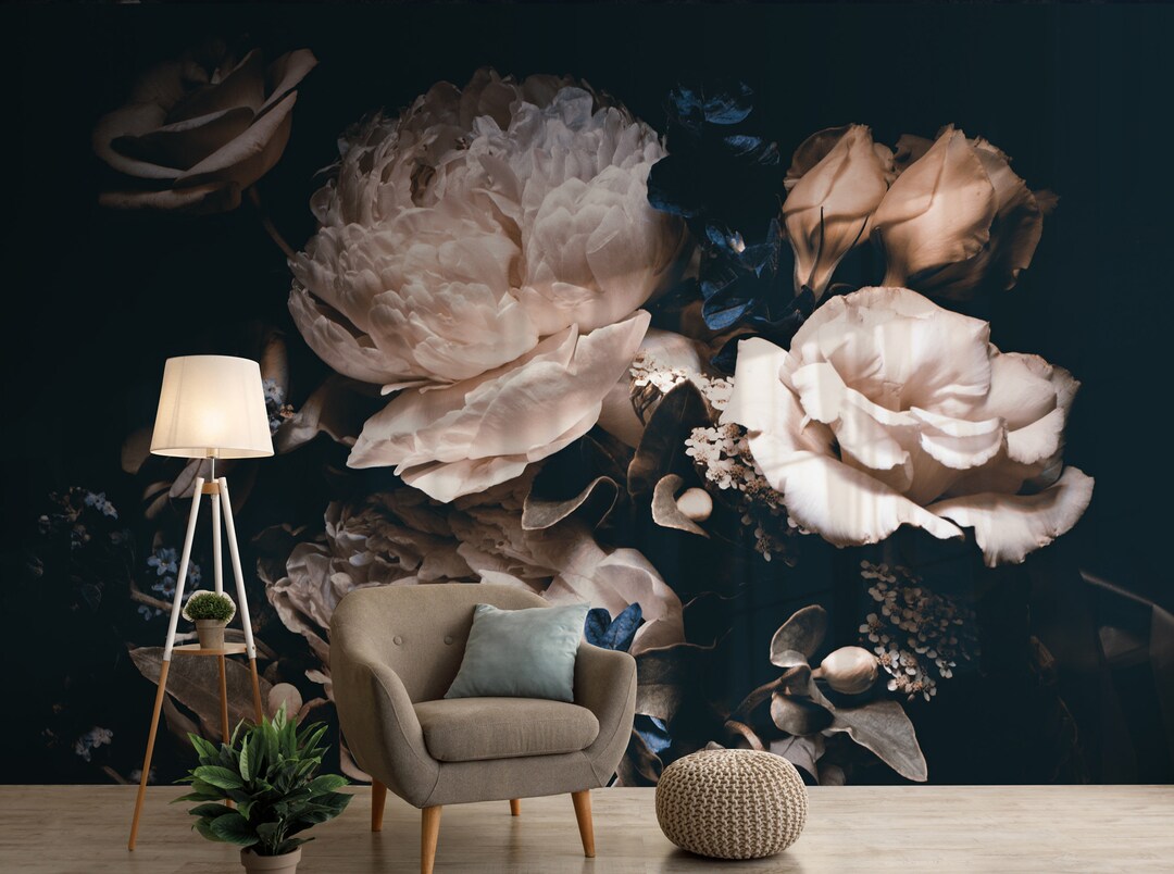 Dark Peony Floral Wallpaper Peel and Stick Watercolor Peony Flower Wall ...