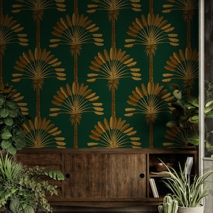 Carta da parati Art Déco, carta da parati con palme dorate, carta da parati staccabile e adesiva, carta da parati geometrica rimovibile