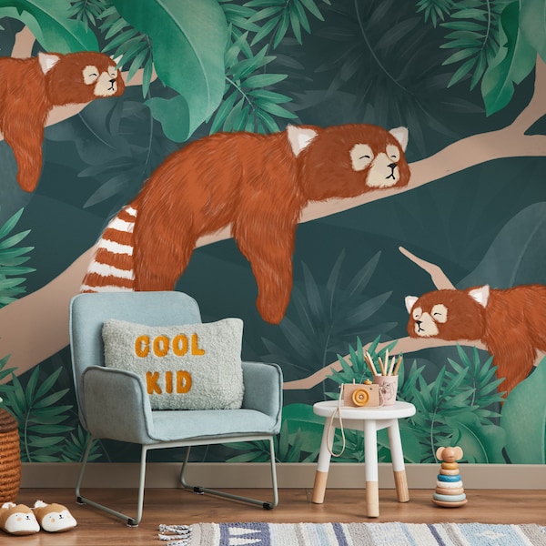 Papel pintado para niños Peel and Stick / Fondo de pantalla del bosque tropical con panda rojo / Mural de pared de la habitación para niños
