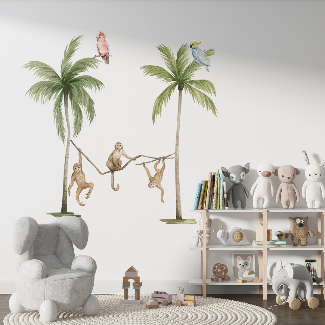 Safari Monkey Wall Decal Set, Jungle Nursery Peel and Stick Wall Decor ...