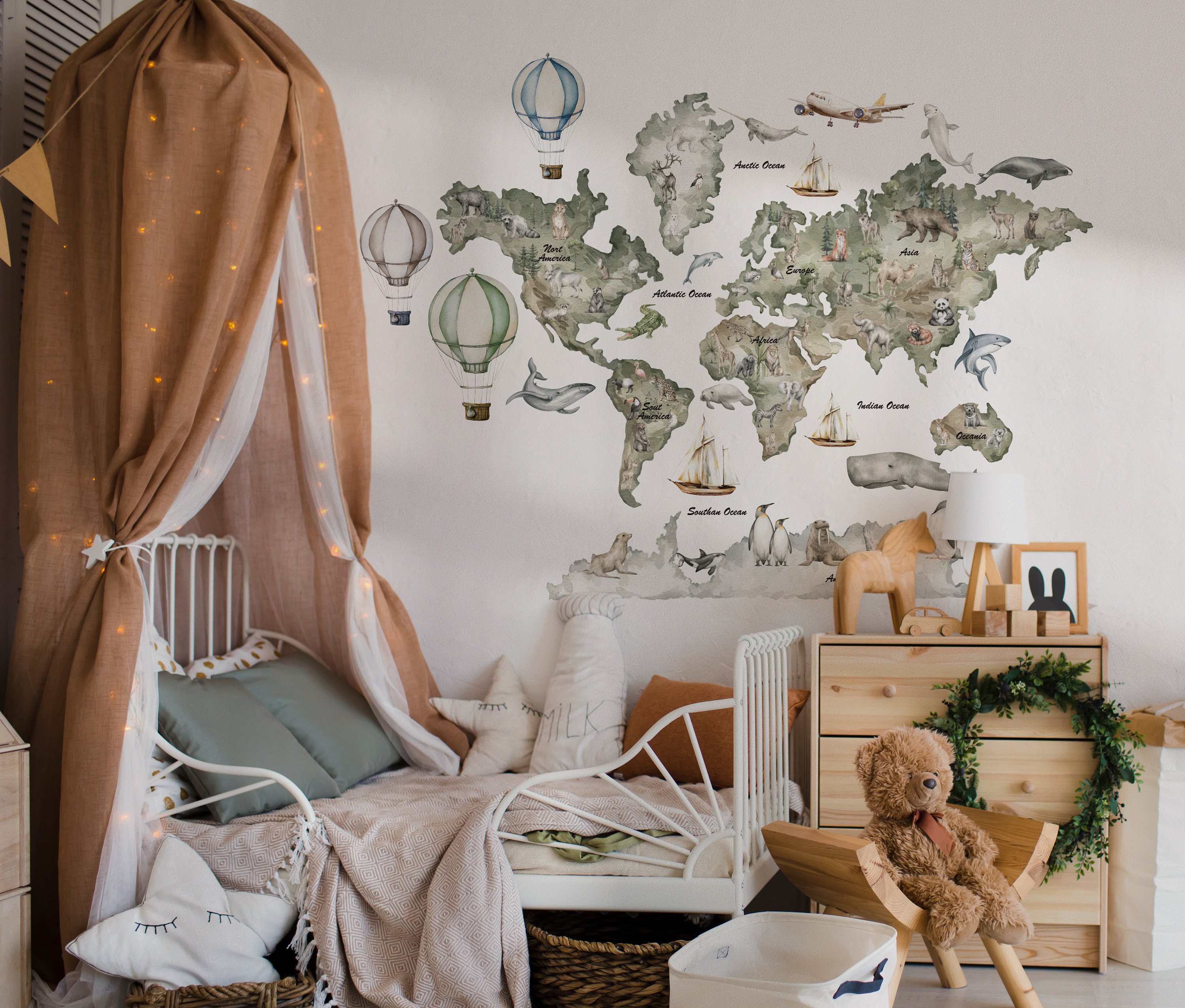 Animal World Map Wall Decal, Kids Nursery Decor, Peel and Stick - Etsy