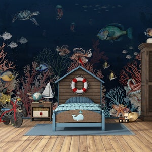 Kids Wallpaper | Deep Sea with Fish, Octopus, Tortoise Wall Mural | Peel and Stick