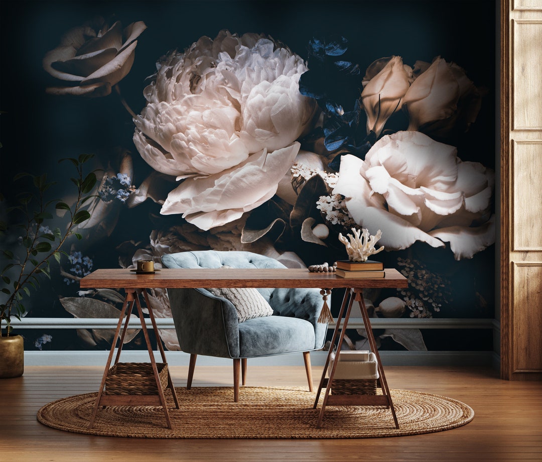 Dark Peony Floral Wallpaper Peel and Stick Watercolor Peony Flower Wall ...