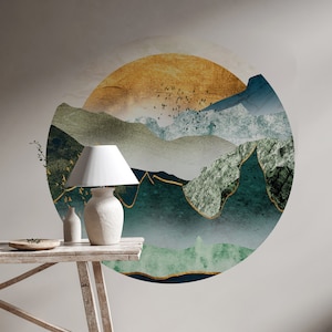 Mountain Wall Decal, Cricle Wall Sticker, Landscape Wall Decal, Self Adhesive