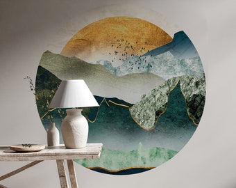 Mountain Wall Decal, Cricle Wall Sticker, Landscape Wall Decal, Self Adhesive