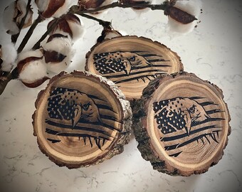 Live edge personalized coasters, eagle and flag coasters, wood slices, farmhouse table and cabin decor