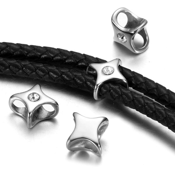 4Pcs Acier inoxydable Double Trou Perles strass pour 5mm Cuir Bracelet Perle métallique pour bricolage Fabrication de bijoux Accessoires